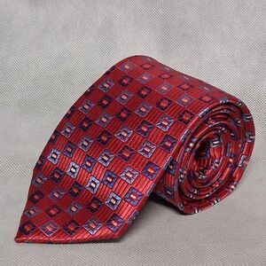 Ike by Ike Behar Silk Necktie Red Blue Geometric Squares 58" x 3 1/4"